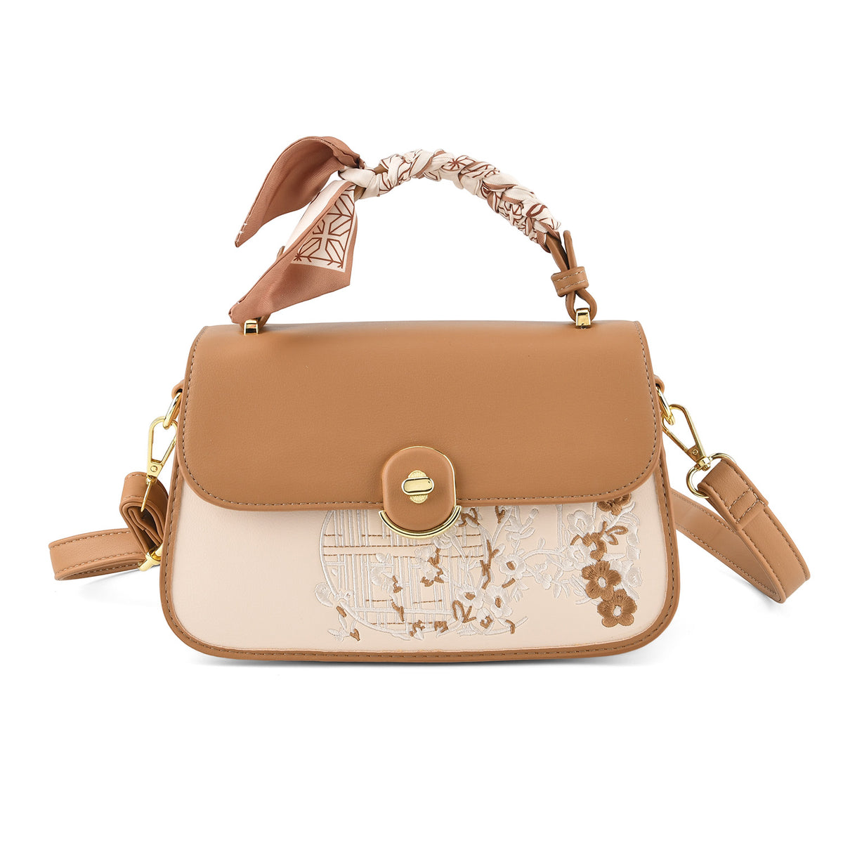 Stylish Embroidered Sleek Multi-Pocket Handbag with Adjustable Shoulder Strap - Brown V32605792 0