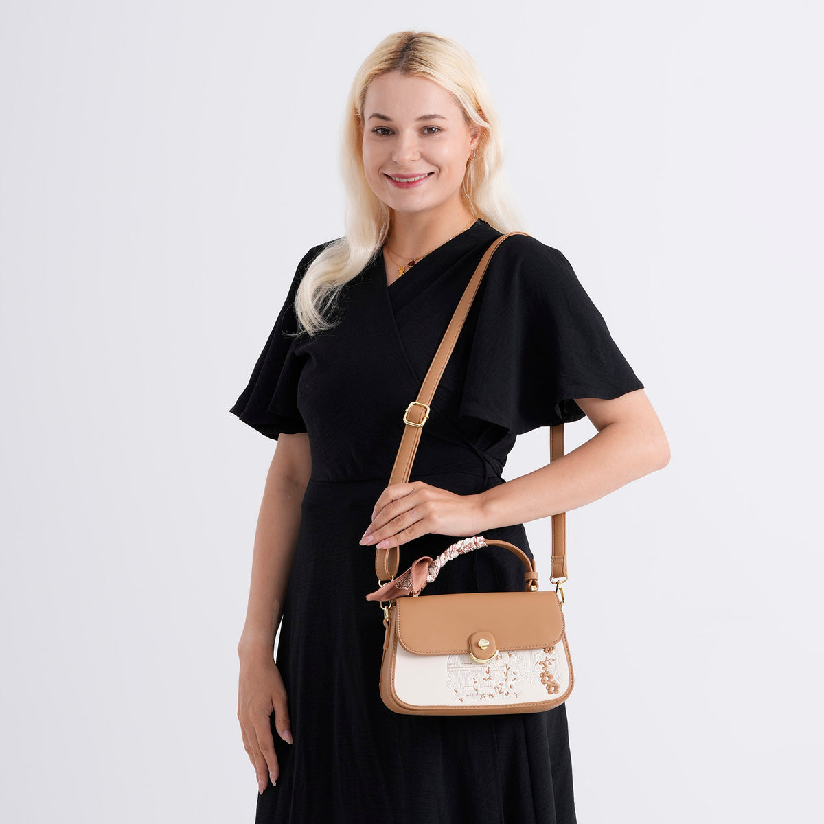 Stylish Embroidered Sleek Multi-Pocket Handbag with Adjustable Shoulder Strap - Brown V32605792 3