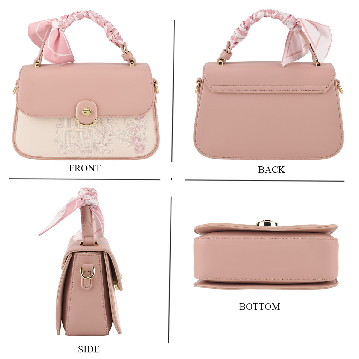 Stylish Embroidered Sleek Multi-Pocket Handbag with Adjustable Shoulder Strap - Pink V32605459 5