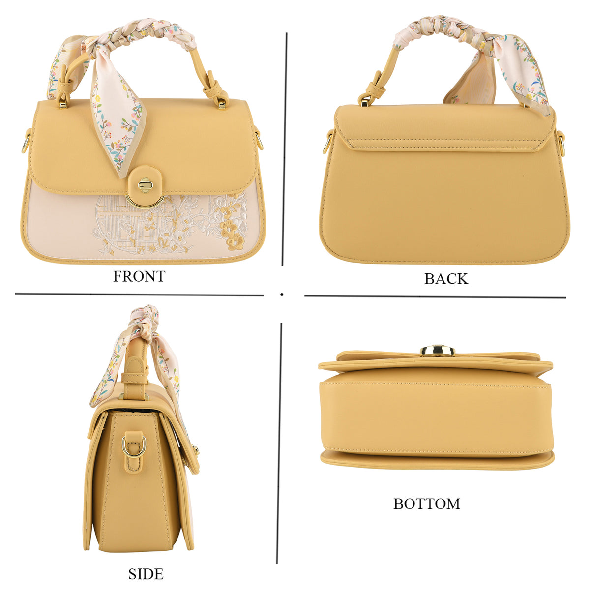 Stylish Embroidered Sleek Multi-Pocket Handbag with Adjustable Shoulder Strap - Yellow V32606360 5