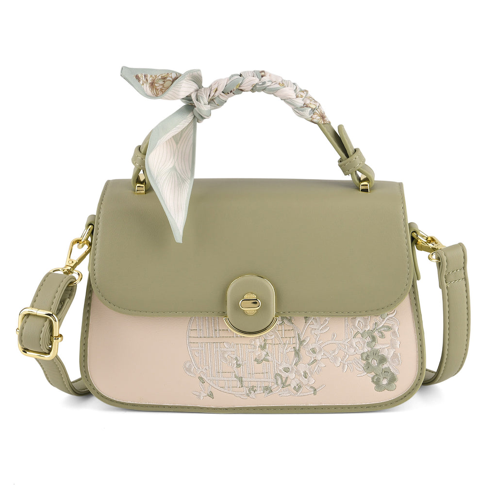 Stylish Embroidered Sleek Multi-Pocket Crossbody Handbag with  Adjustable Strap - Pista Green_8525393