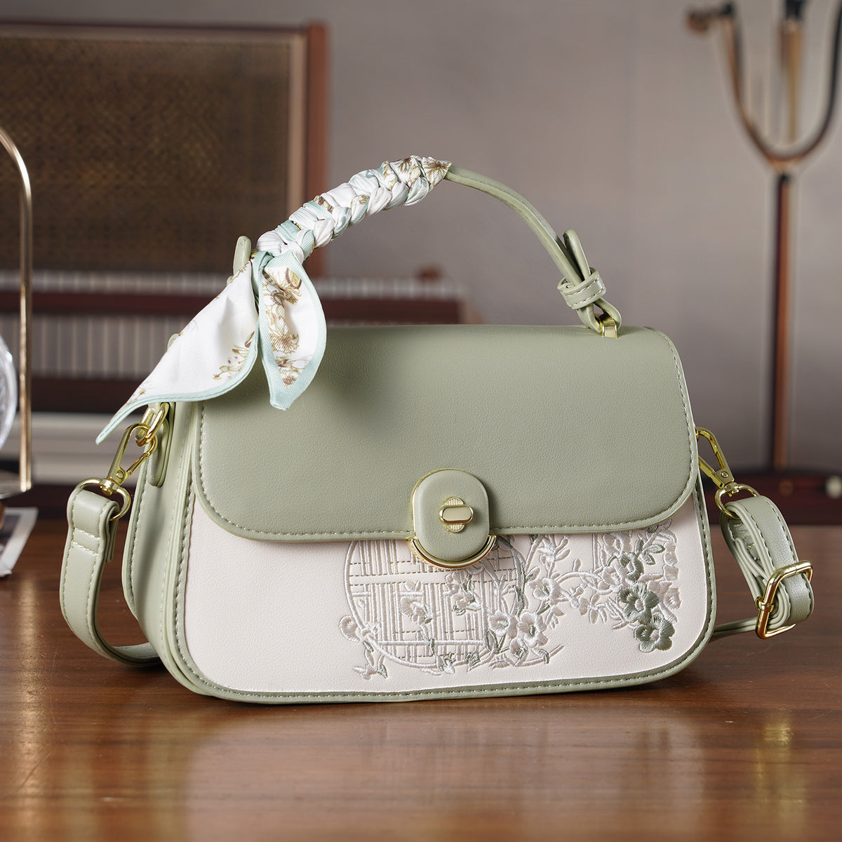 Stylish Embroidered Sleek Multi-Pocket Handbag with Adjustable Shoulder Strap - Pista Green V32605980 2
