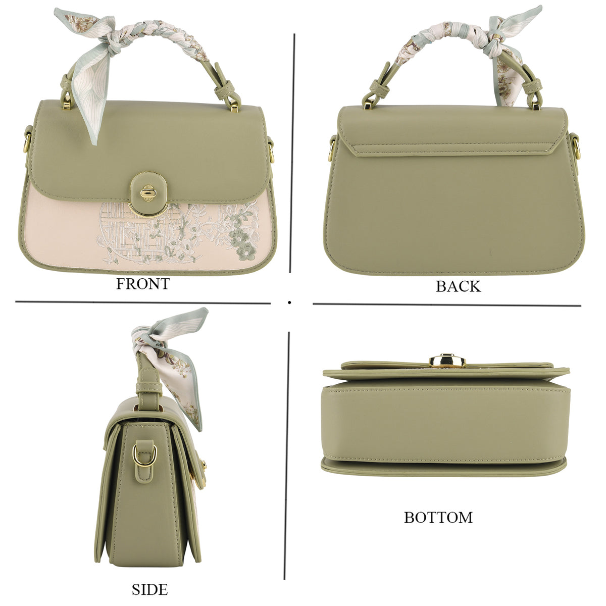 Stylish Embroidered Sleek Multi-Pocket Handbag with Adjustable Shoulder Strap - Pista Green V32605980 5