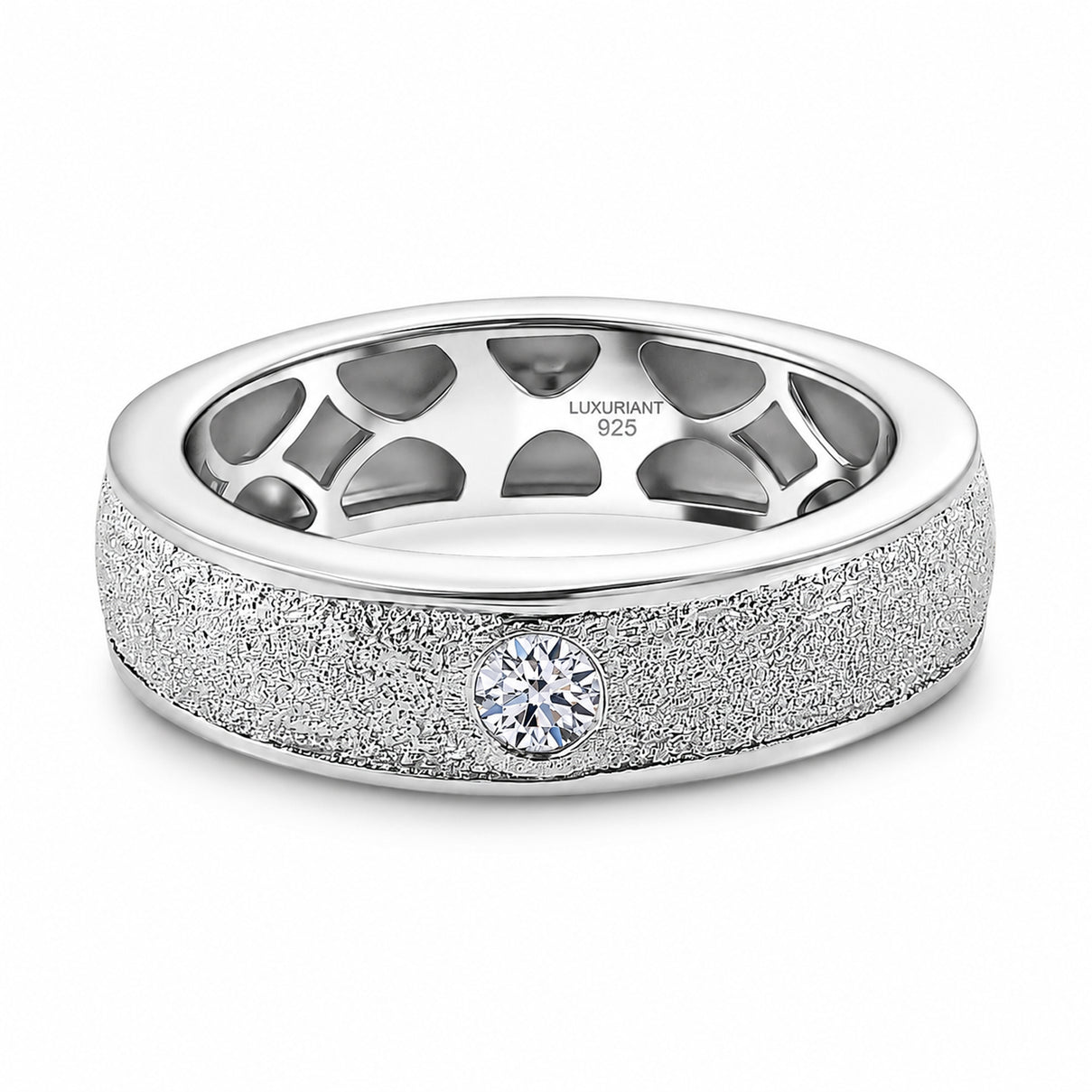 LUXURIANT Lab Grown Diamond Sandblasted Solitaire Band Ring in Rhodium Plated Sterling Silver (SI-G-H) 8525490 0