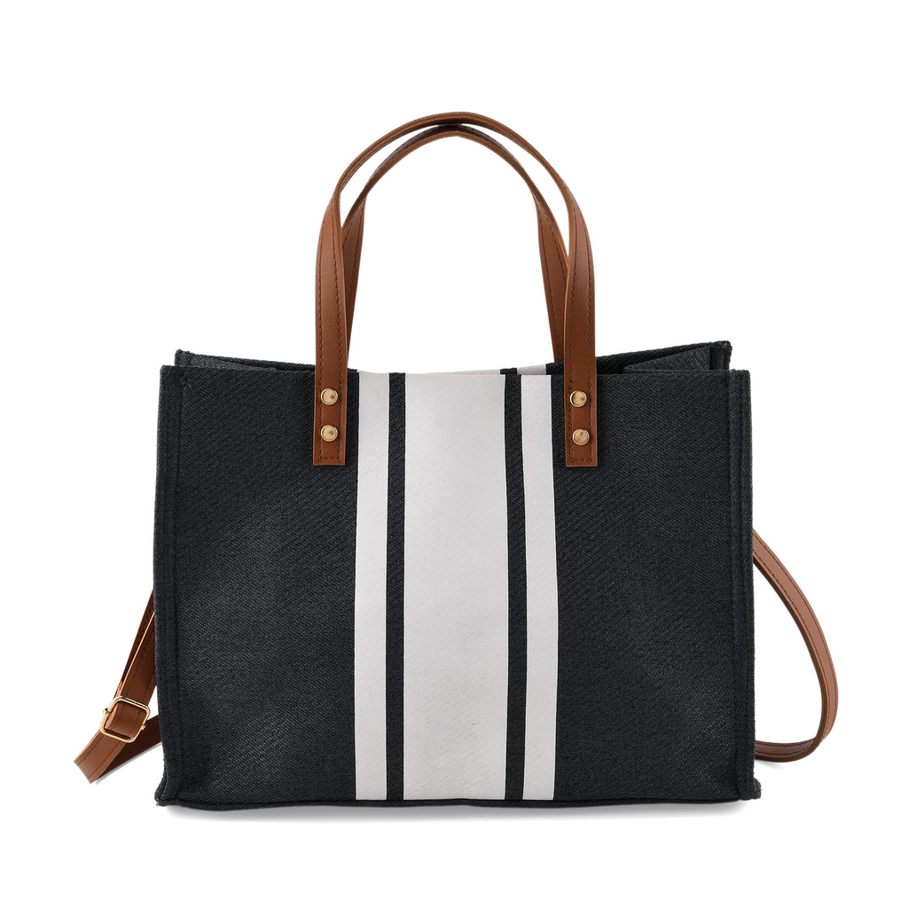 Designer-Inspired Striped Tote Bag With Detachable Shoulder Strap - Black White_8525582