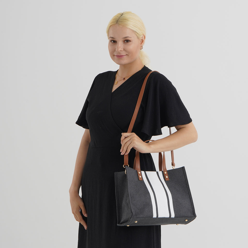 Designer-Inspired Striped Tote Bag With Detachable Shoulder Strap - Black White_8525582_2