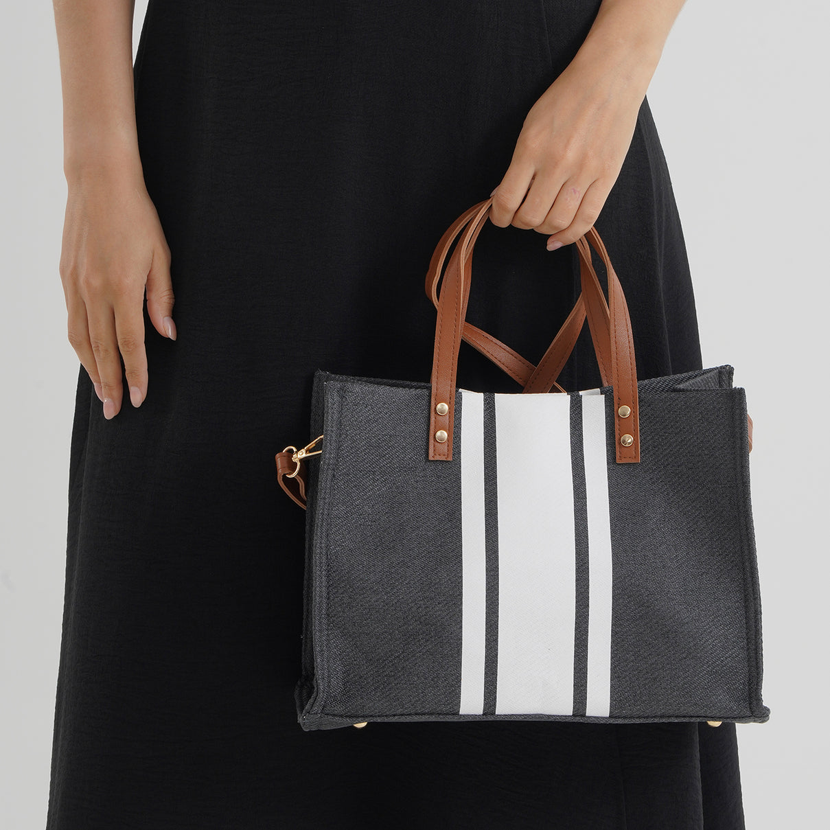 Designer-Inspired Striped Tote Bag With Detachable Shoulder Strap - Black White V32513839 3