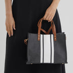 Designer-Inspired Striped Tote Bag With Detachable Shoulder Strap - Black White_8525582_3
