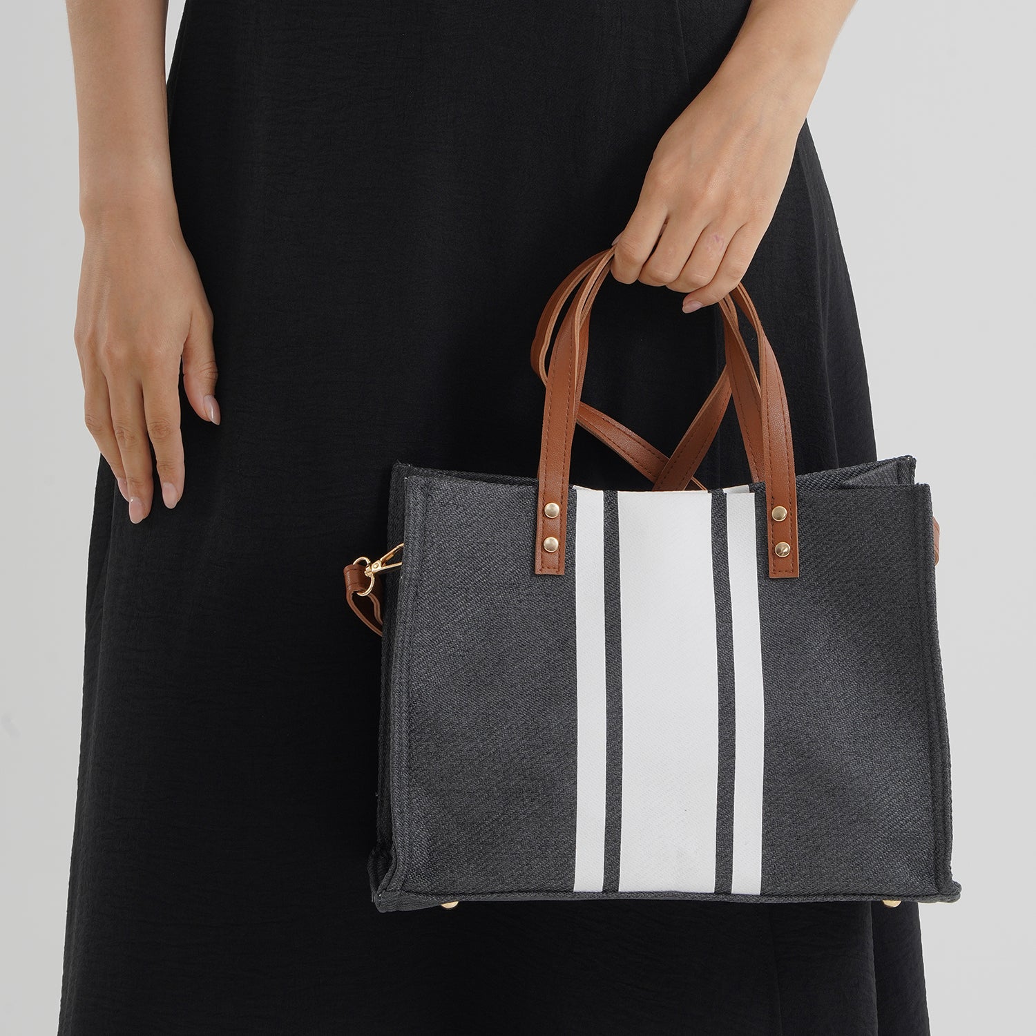 Designer-Inspired Striped Tote Bag With Detachable Shoulder Strap - Black White V32513839 3