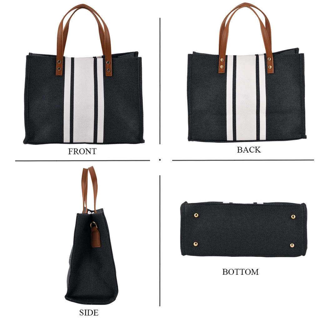 Designer-Inspired Striped Tote Bag With Detachable Shoulder Strap - Black White_8525582_4