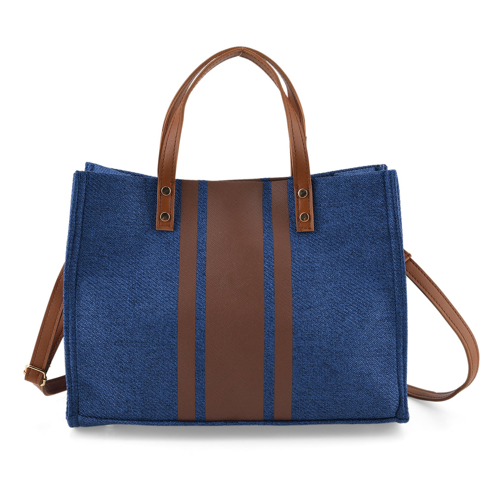 Designer-Inspired Striped Tote Bag With Detachable Shoulder Strap -  Navy_8525583