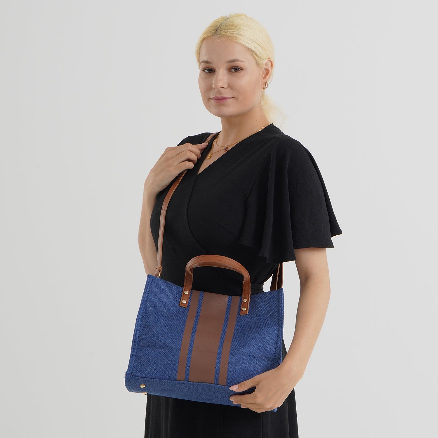 Designer-Inspired Striped Tote Bag With Detachable Shoulder Strap -  Navy V32514484 2