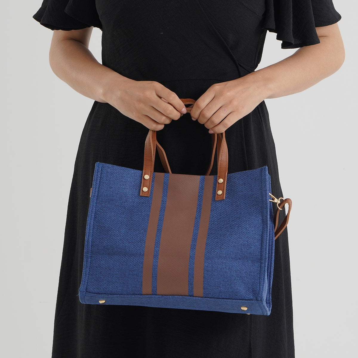 Designer-Inspired Striped Tote Bag With Detachable Shoulder Strap -  Navy V32514484 3