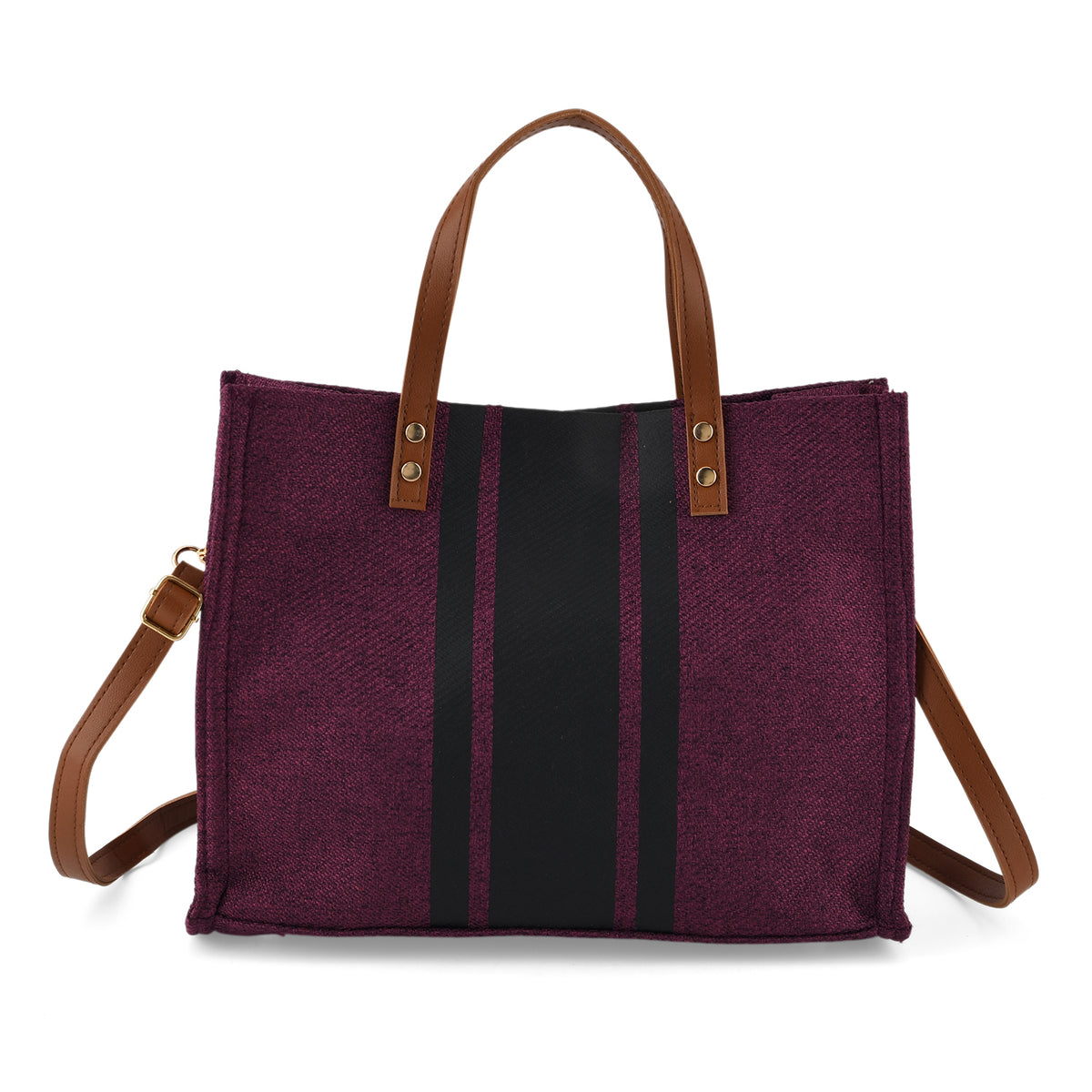 Designer-Inspired Striped Tote Bag With Detachable Shoulder Strap - Burgundy V32513840 0