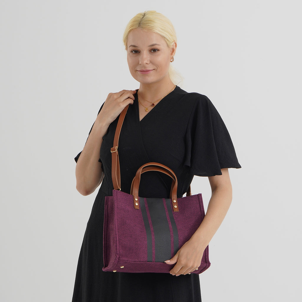 Designer-Inspired Striped Tote Bag With Detachable Shoulder Strap - Burgundy_8525594_2