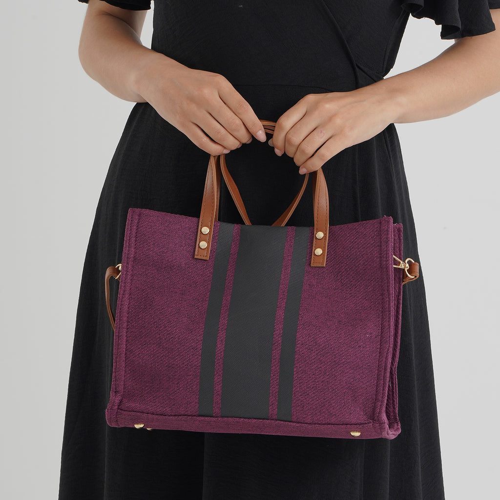 Designer-Inspired Striped Tote Bag With Detachable Shoulder Strap - Burgundy_8525594_3