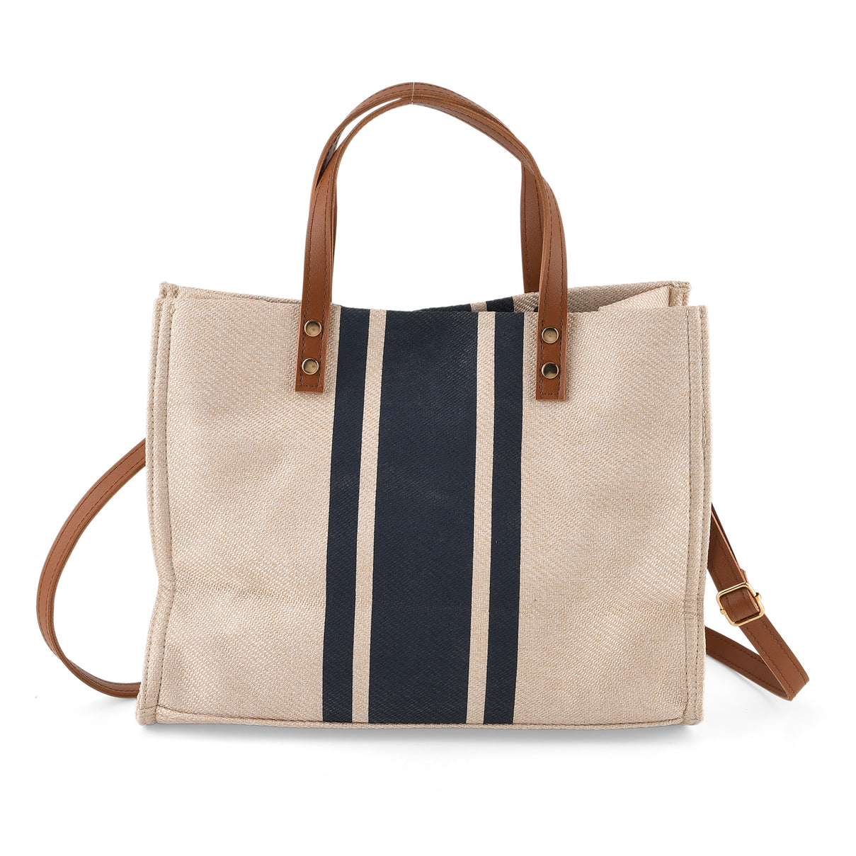 Designer-Inspired Striped Tote Bag With Detachable Shoulder Strap - Blue &amp; Beige V32514183 0