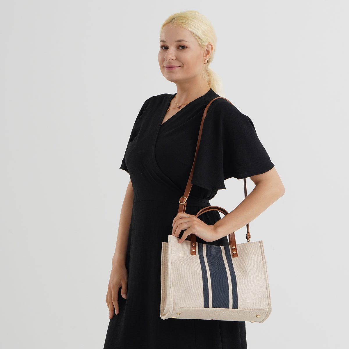 Designer-Inspired Striped Tote Bag With Detachable Shoulder Strap - Blue &amp; Beige V32514183 2