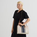 Designer-Inspired Striped Tote Bag With Detachable Shoulder Strap - Blue & Beige_8525595_2