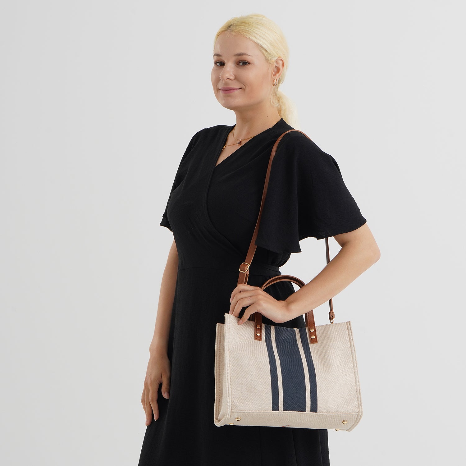 Designer-Inspired Striped Tote Bag With Detachable Shoulder Strap - Blue &amp; Beige V32514183 2