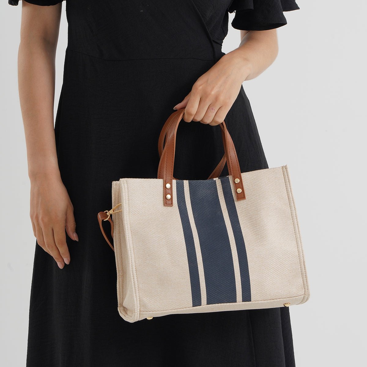 Designer-Inspired Striped Tote Bag With Detachable Shoulder Strap - Blue &amp; Beige V32514183 3