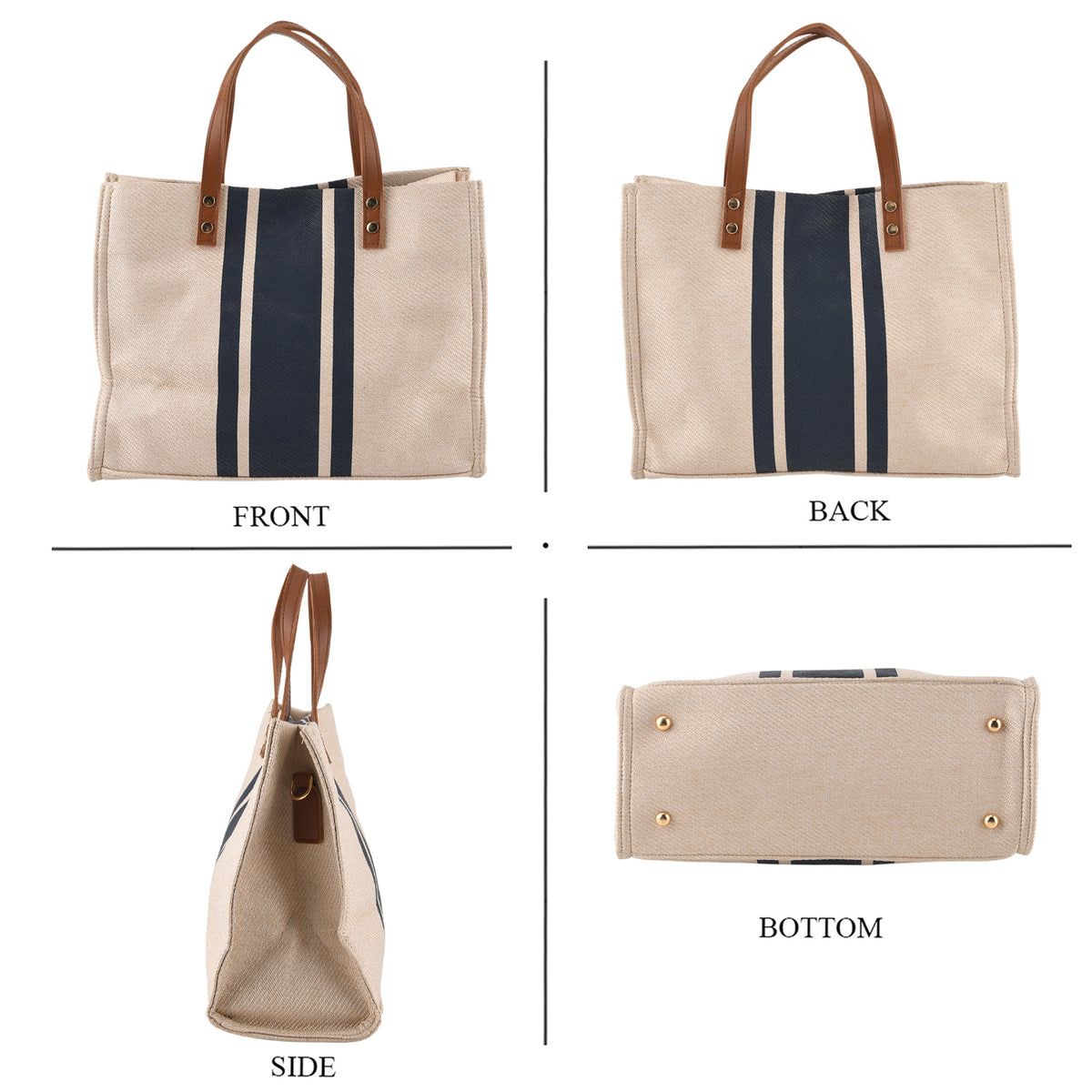 Designer-Inspired Striped Tote Bag With Detachable Shoulder Strap - Blue &amp; Beige V32514183 4