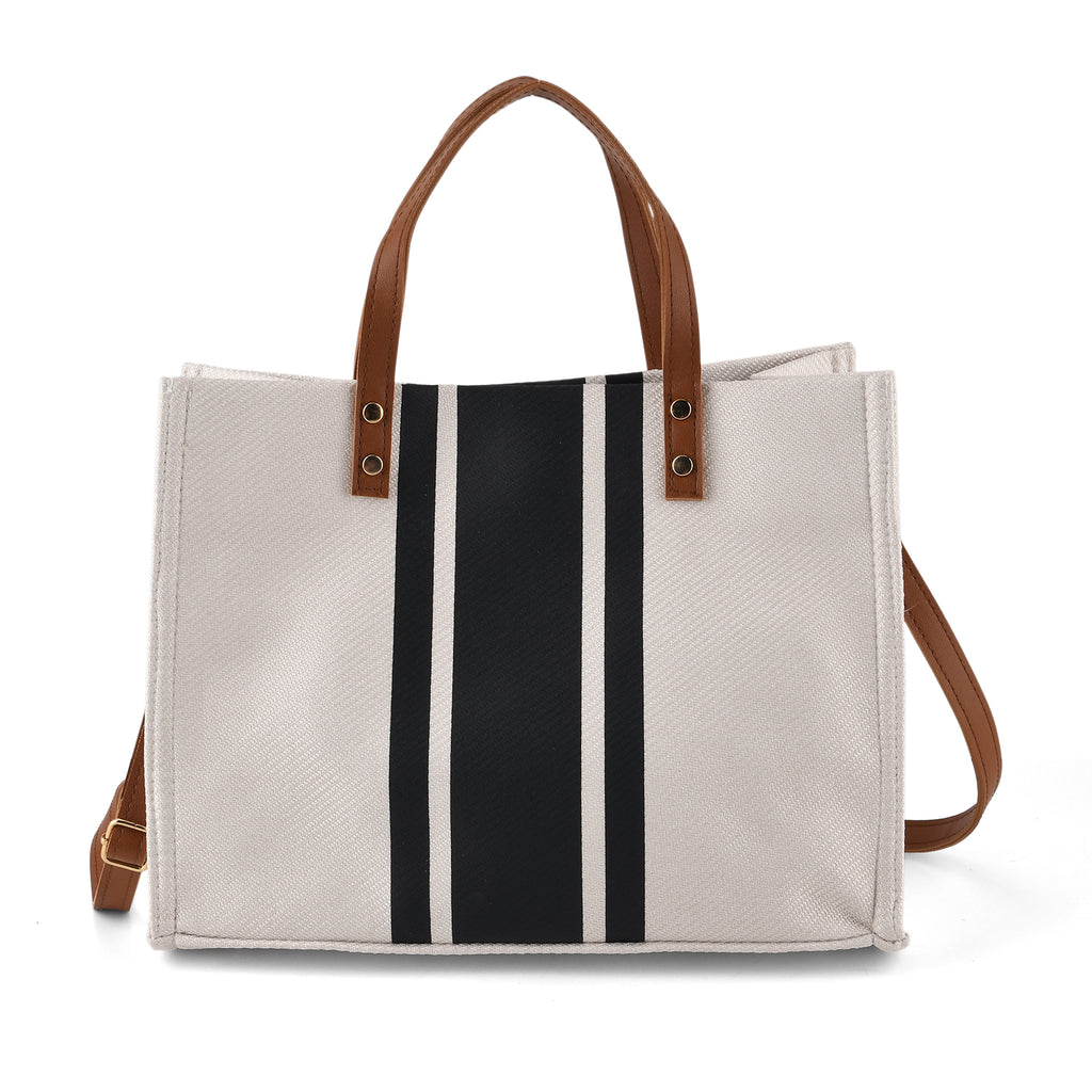 Designer-Inspired Striped Tote Bag With Detachable Shoulder Strap - White & Black_8525596