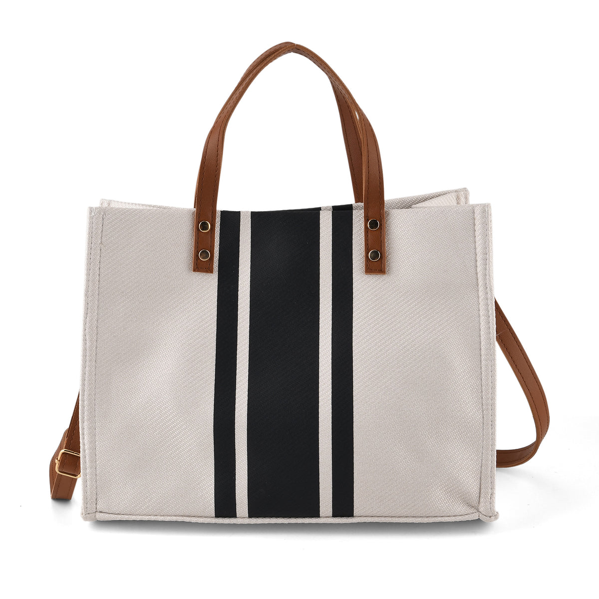 Designer-Inspired Striped Tote Bag With Detachable Shoulder Strap - White &amp; Black V32515002 0