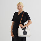 Designer-Inspired Striped Tote Bag With Detachable Shoulder Strap - White & Black_8525596_2