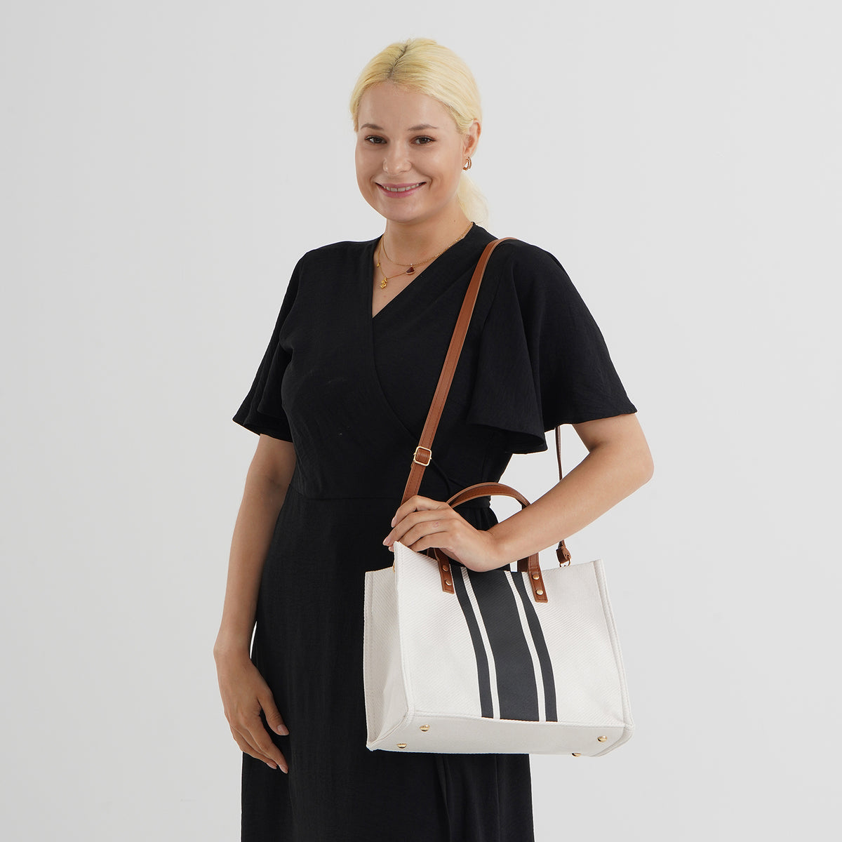 Designer-Inspired Striped Tote Bag With Detachable Shoulder Strap - White &amp; Black V32515002 2