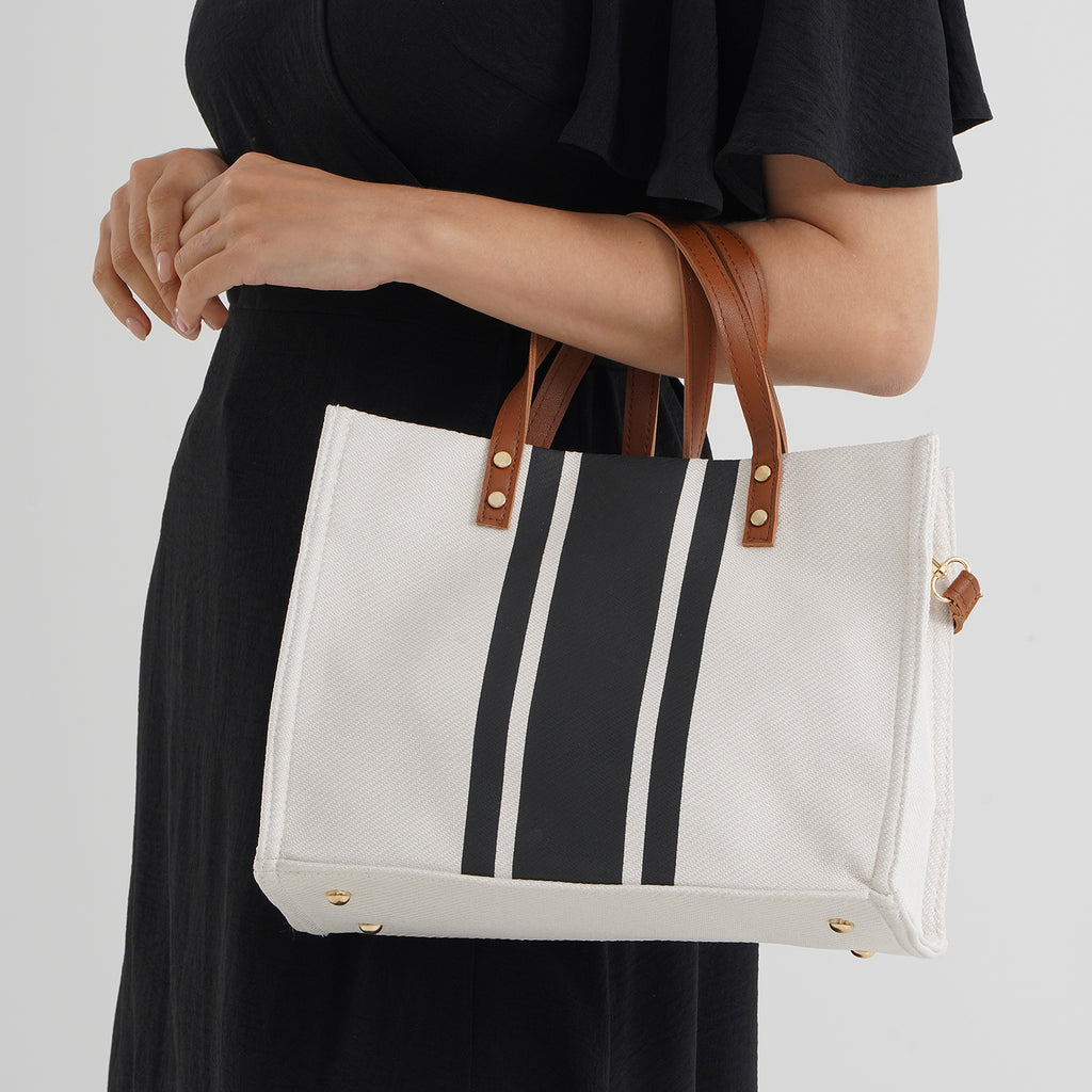 Designer-Inspired Striped Tote Bag With Detachable Shoulder Strap - White & Black_8525596_3