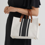 Designer-Inspired Striped Tote Bag With Detachable Shoulder Strap - White & Black_8525596_3