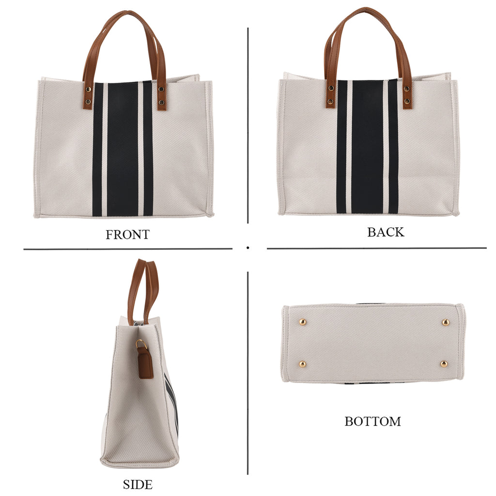 Designer-Inspired Striped Tote Bag With Detachable Shoulder Strap - White & Black_8525596_4
