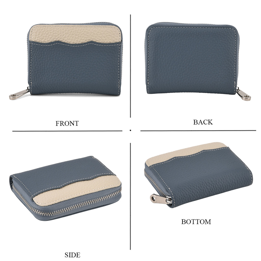 Genuine Leather RFID Blocking Zip Around Card Holder Wallet - Blue_8525676_4