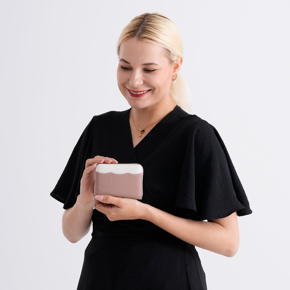 Genuine Leather RFID Blocking Zip Around Card Holder Wallet - Pink V32605225 3