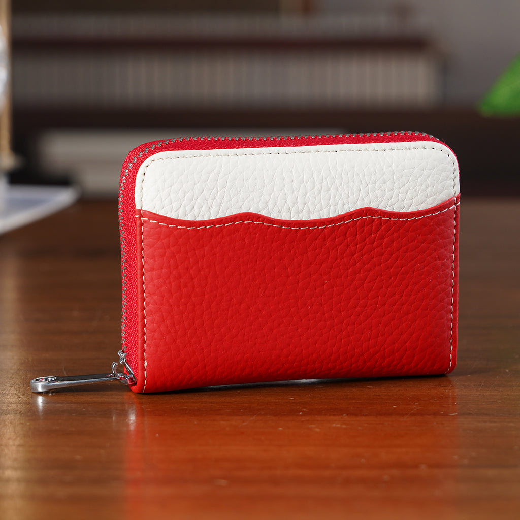 Genuine Leather RFID Blocking Zip Around Card Holder Wallet - Red_8525679_1