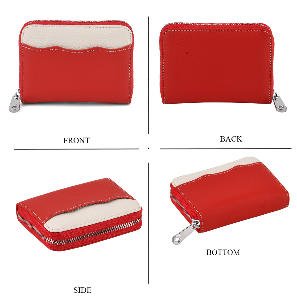 Genuine Leather RFID Blocking Zip Around Card Holder Wallet - Red_8525679_4