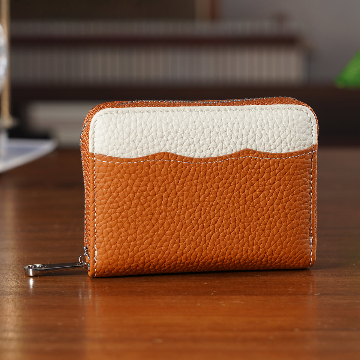Genuine Leather RFID Blocking Zip Around Card Holder Wallet - Tan V32605023 2