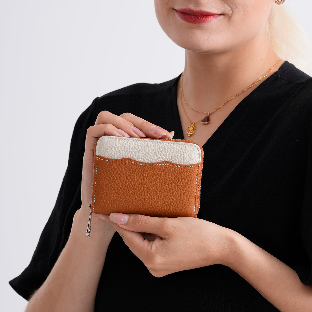 Genuine Leather RFID Blocking Zip Around Card Holder Wallet - Tan V32605023 4