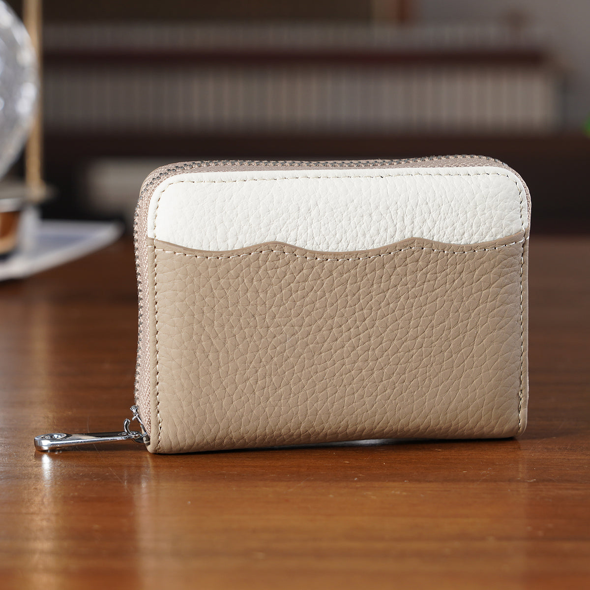 Genuine Leather RFID Blocking Zip Around Card Holder Wallet - Khaki V32605334 2