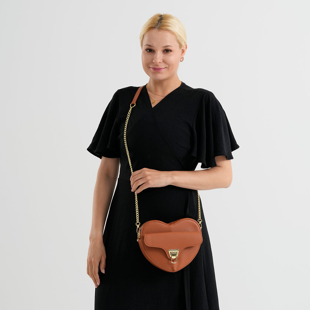 Designer Heart-Shaped Crossbody Bag with Chain Strap - Tan_8525760_2