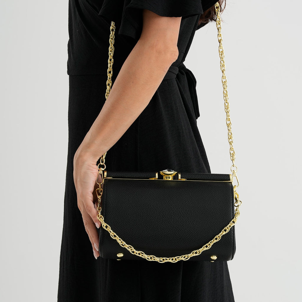 Designer-Inspired Stylish Clutch with Chain Strap - Black_8525773_2