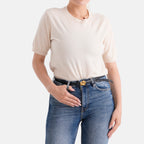Genuine Leather Skinny Belt with Interlocking Gold Buckle (Size L, 122cm) - Black_8526575