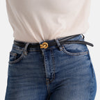 Genuine Leather Skinny Belt with Interlocking Gold Buckle (Size L, 122cm) - Black_8526575_2