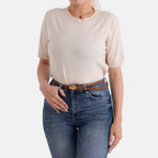 Genuine Leather Skinny Belt with Interlocking Gold Buckle (Size M, 107cm) - Light Brown_8526576_1