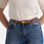 Genuine Leather Skinny Belt with Interlocking Gold Buckle (Size M, 107cm) - Light Brown_8526576_2