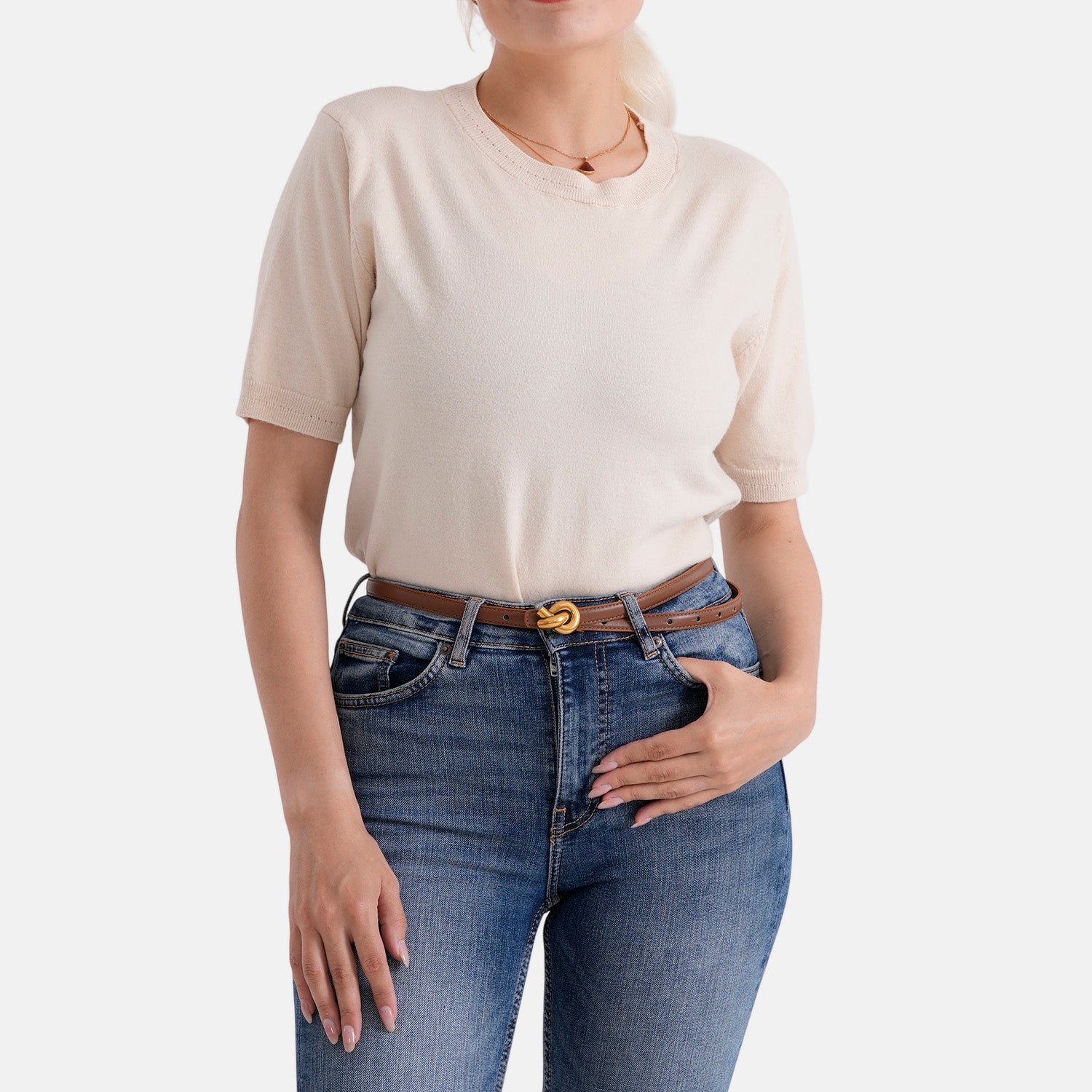 Genuine Leather Skinny Belt with Interlocking Gold Buckle (Size L, 122cm) - Light Brown V32519655 0
