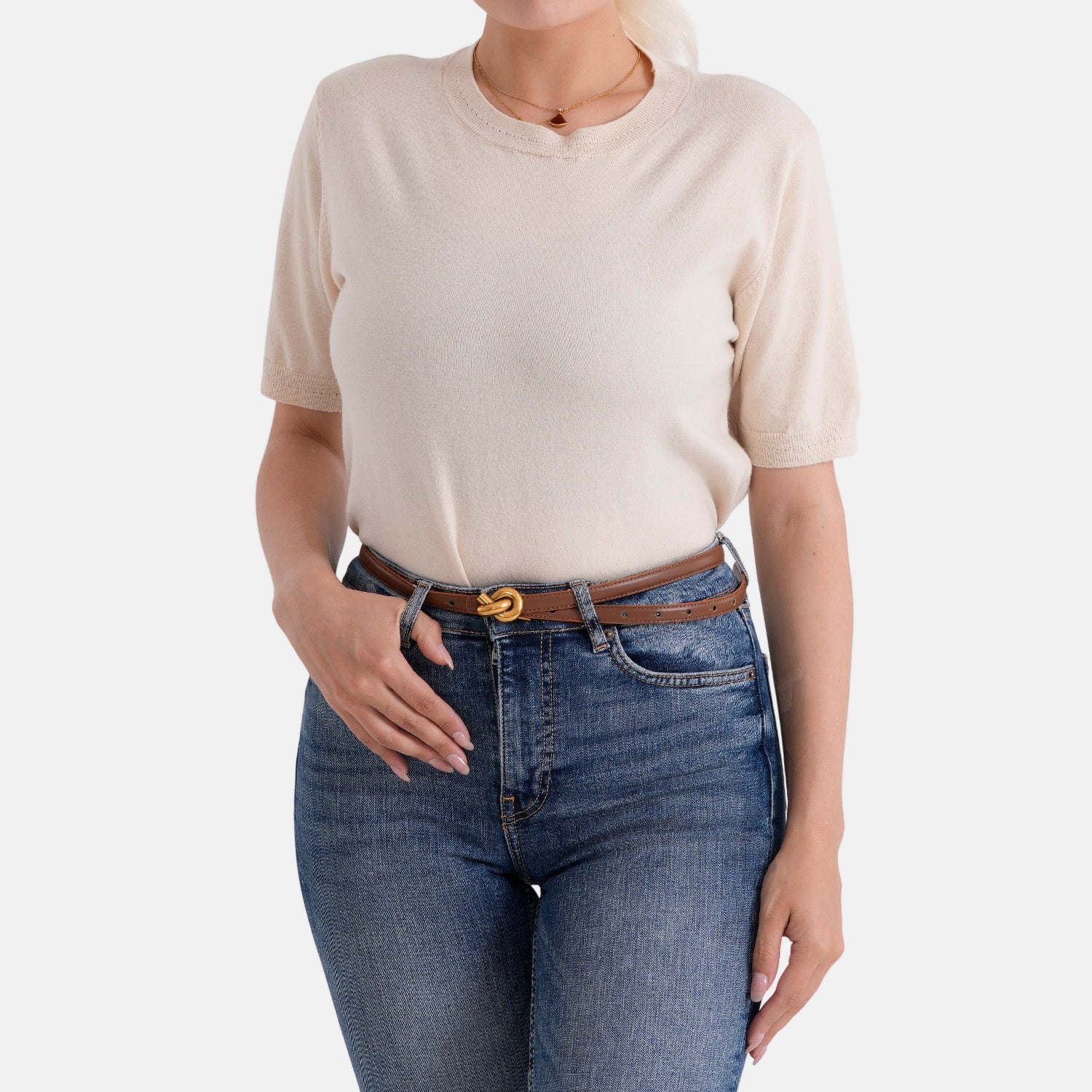 Genuine Leather Skinny Belt with Interlocking Gold Buckle (Size L, 122cm) - Light Brown V32519655 2