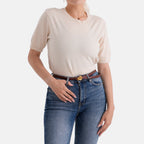 Genuine Leather Skinny Belt with Interlocking Gold Buckle (Size M, 107cm) - Cinnamon brown_8526578