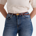 Genuine Leather Skinny Belt with Interlocking Gold Buckle (Size M, 107cm) - Cinnamon brown_8526578_2